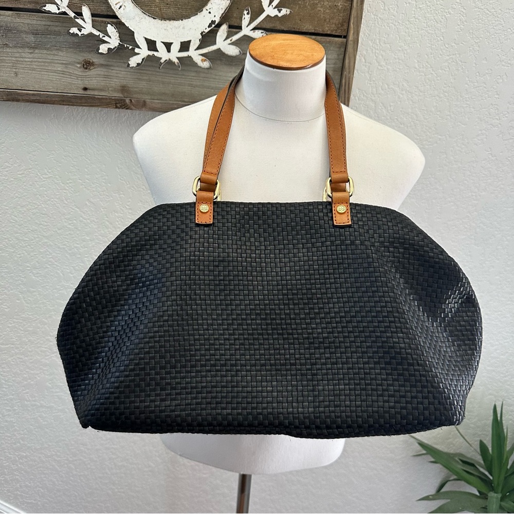 Antonio Melani Black Woven Tote Bag with Tan Leather Straps